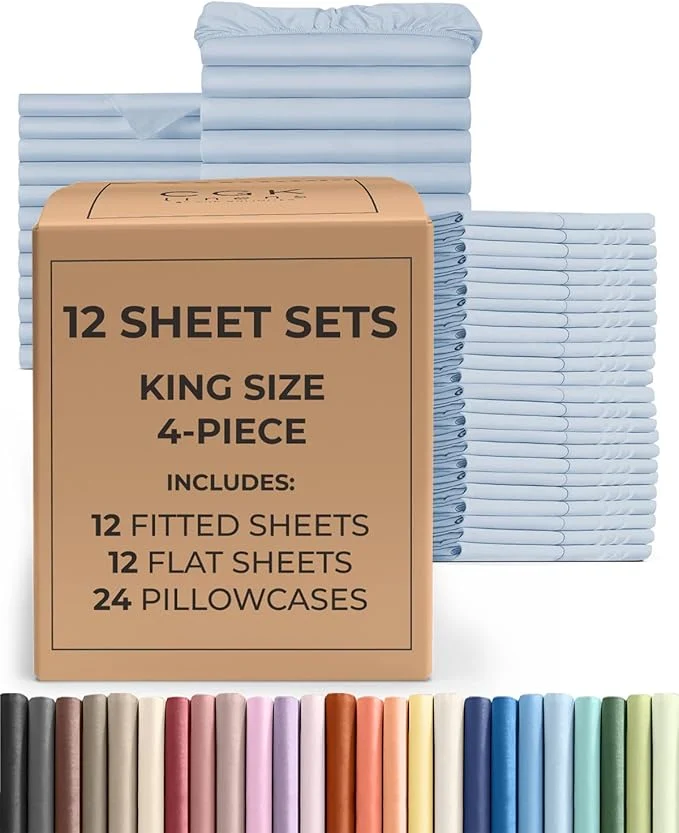 Carefully Designed Bulk Case Pack of 12 Sheet Sets - 12 Complete King Size Sheet Sets with Deep Pockets - Whole Bulk Bedding for Hotels Spas amp Airbnbs - Breathable Cooling Soft amp Wrinkle - King Sky Blue Elegant
