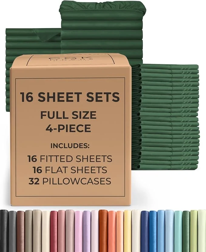 Smooth Bulk Case Pack of 16 Sheet Sets - 16 Complete Full Size Sheet Sets with Deep Pockets - Whole Bulk Bedding for Hotels Spas amp Airbnbs - Breathable Cooling amp Wrinkle - Full Emerald Green Eco-Friendly