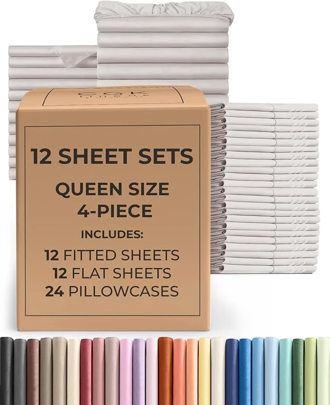 Pure Bulk Case Pack of 12 Sheet Sets - 12 Complete Sheet Sets - Bulk Queen Bedding - Whole Case Pack for Hotels Spa amp Airbnbs - Deep Pocket amp Wrinkle - Cooling amp Breathable - Queen Light Grey Reliable