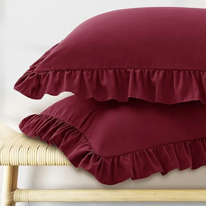 Smooth KKJIAF Ruffle Pillow Cases Standard Size Set of 2 Ruffled Pillow Covers with Envelope Closure Wrinkle Resistant Ruffled Pillow Shams 20 quot x 26 quot Burgundy Prestigious