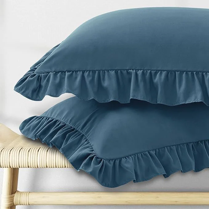 Elite KKJIAF Ruffle Pillow Cases King Size Set of 2 Ruffled Pillow Covers with Envelope Closure Wrinkle Resistant Ruffled Pillow Shams 20 quot x 36 quot Dark Blue Detailed