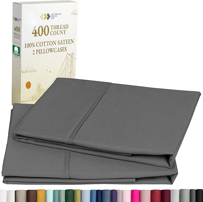 Original Design California Design Den King Size Pillowcase Set - 400 Thread Count Cotton Sateen Set of 2 Pillow Covers Soft and Breathable - Grey Lightweight