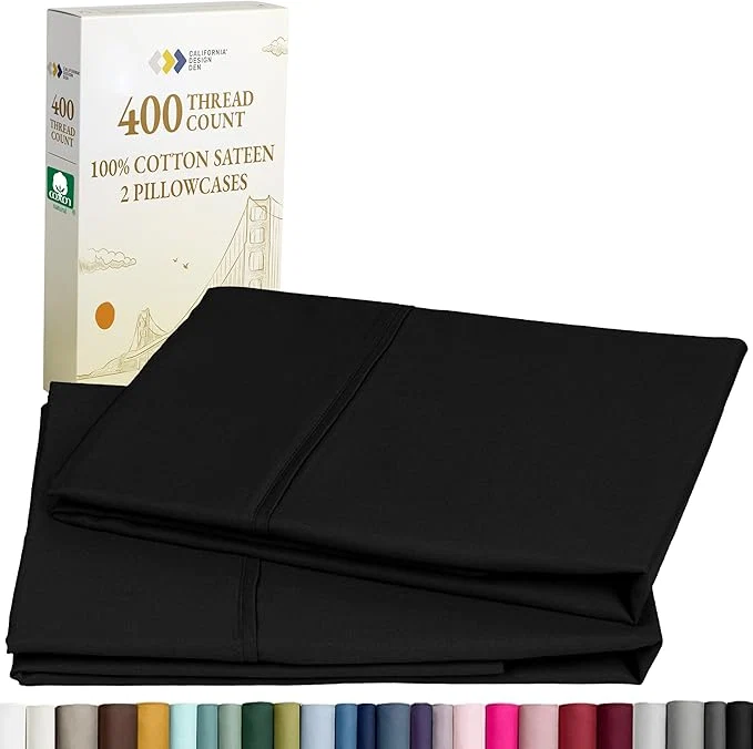 Relaxed California Design Den King Size Pillowcase Set - 400 Thread Count Cotton Sateen Set of 2 Pillow Covers Soft and Breathable - Black Modern