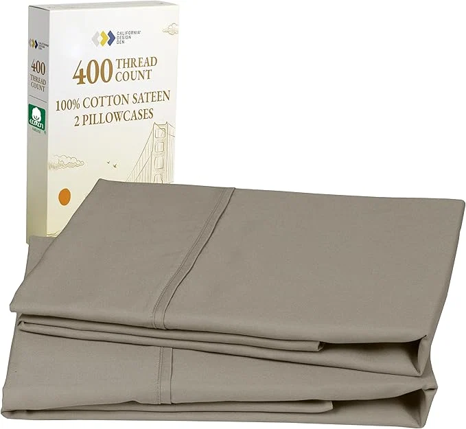 World-Class California Design Den King Size Pillowcase Set - 400 Thread Count Cotton Sateen Set of 2 Pillow Covers Soft and Breathable - Taupe Sophisticated