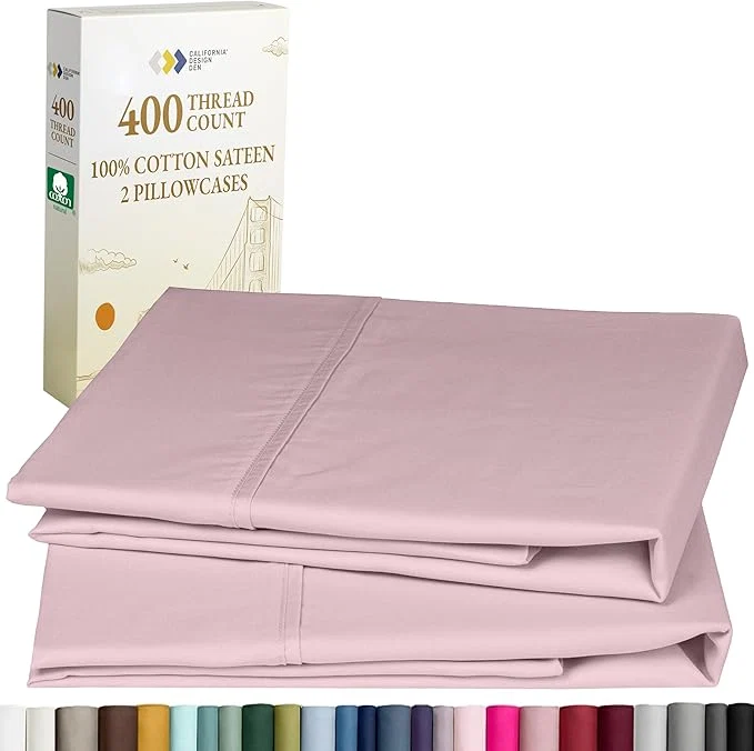 World-Class California Design Den Standard Queen Size Pillowcase Set - 400 Thread Count Cotton Sateen Set of 2 Pillow Covers Soft and Breathable - Pink Modern