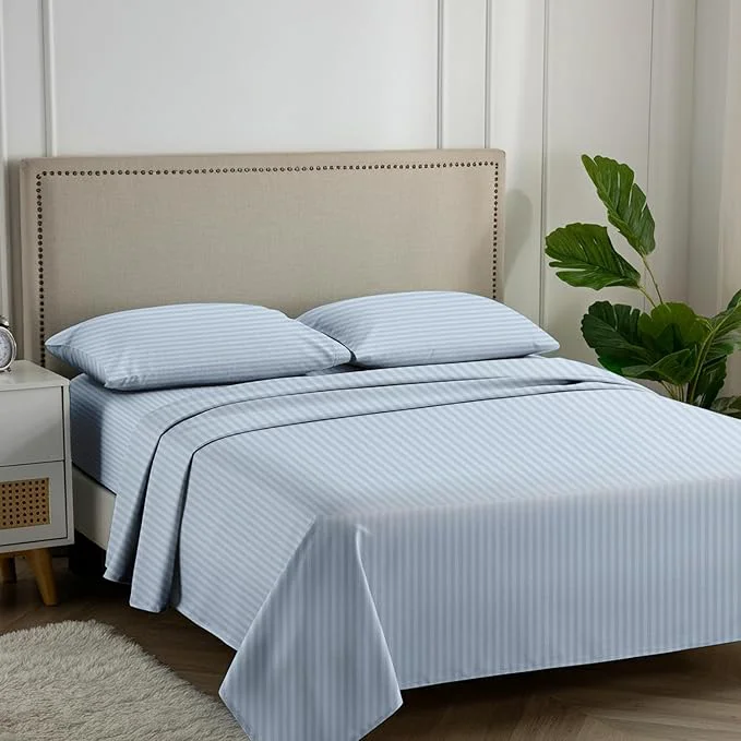 Next-Generation Carressa Linen Luxury Egyptian Cotton Queen Stripe Sheet Set 600 Thread Count Extra Long Staple 4 PC Set Queen Damask Sheets Soft Cooling Sateen Weave Sheets Upto 18 quot Deep Pocket - Light Blue Top-Quality