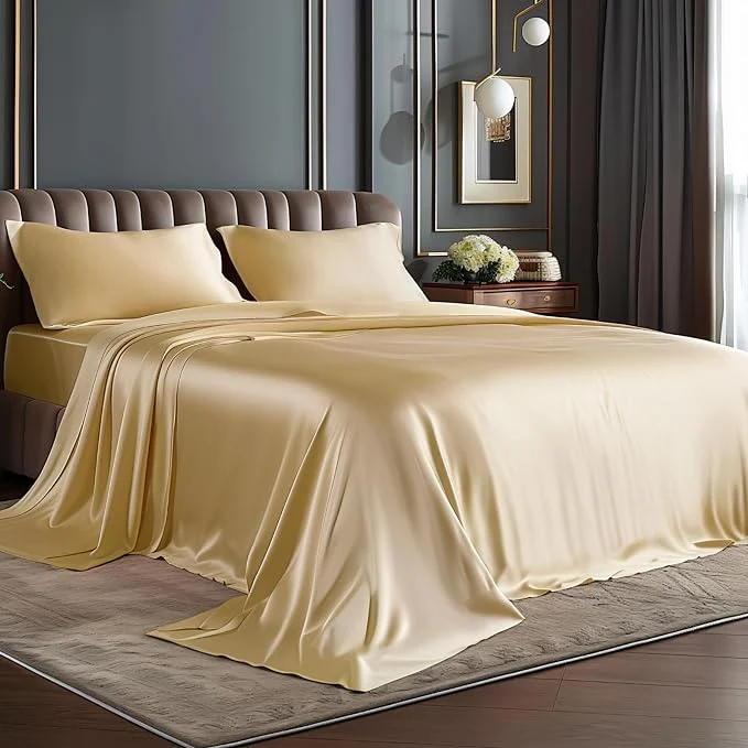 Solid BEDELITE Satin Sheets Twin Size Bed Set Luxury Soft Champagne Silky Sheets for Hair and Skin Similar to Silk Bed Sheets Set 3 Pieces with 1 Deep Pocket Fitted Sheet 1 Flat Sheet and 1 Pillowcase Fast