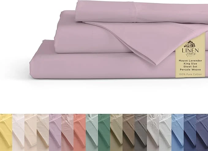 Elite Linen Home Cotton Percale Sheets King Size Mauve Lavender Deep Pocket 4 Pieces Set - 1 Flat 1 Deep Pocket Fitted Sheet and 2 Pillowcases Crisp Cool and Strong Bed Linen Expertly Made