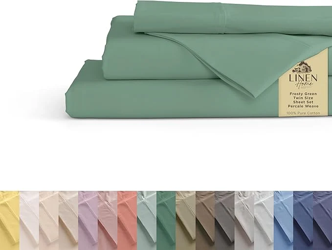 Organic Linen Home Cotton Percale Sheets Twin Size Frosty Green Deep Pocket 3 Pieces Set - 1 Flat 1 Deep Pocket Fitted Sheet and 1 Pillowcase Crisp Cool and Strong Bed Linen Professional