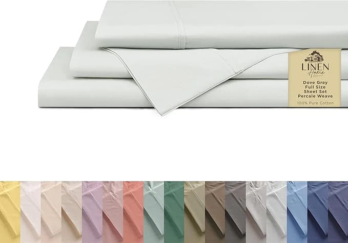 Sustainable Linen Home Cotton Percale Sheets Full Size Dove Grey Deep Pocket 4 Pieces Set - 1 Flat 1 Deep Pocket Fitted Sheet and 2 Pillowcases Crisp Cool and Strong Bed Linen Flexible