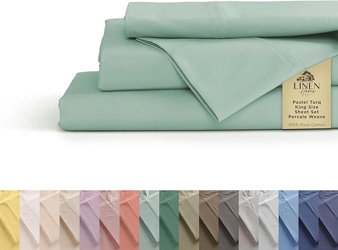 Expertly Made Linen Home Cotton Percale Sheets King Size Pastel Turk Deep Pocket 4 Pieces Set - 1 Flat 1 Deep Pocket Fitted Sheet and 2 Pillowcases Crisp Cool and Strong Bed Linen Trusted