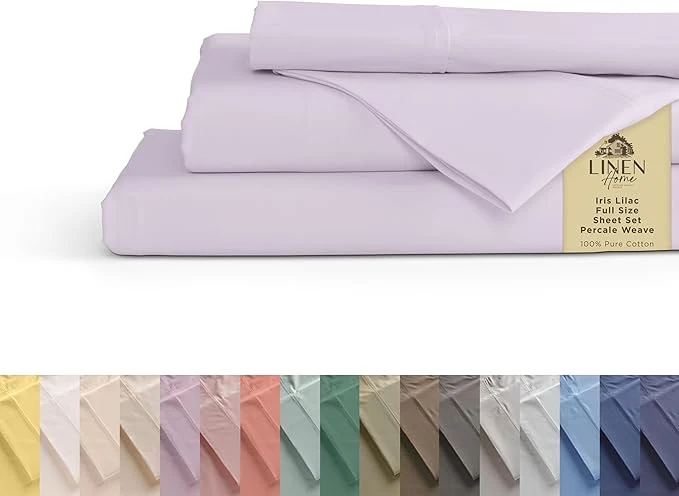 Safe Linen Home Cotton Percale Sheets Full Size Iris Lilac Deep Pocket 4 Pieces Set - 1 Flat 1 Deep Pocket Fitted Sheet and 2 Pillowcases Crisp Cool and Strong Bed Linen Eco-Friendly