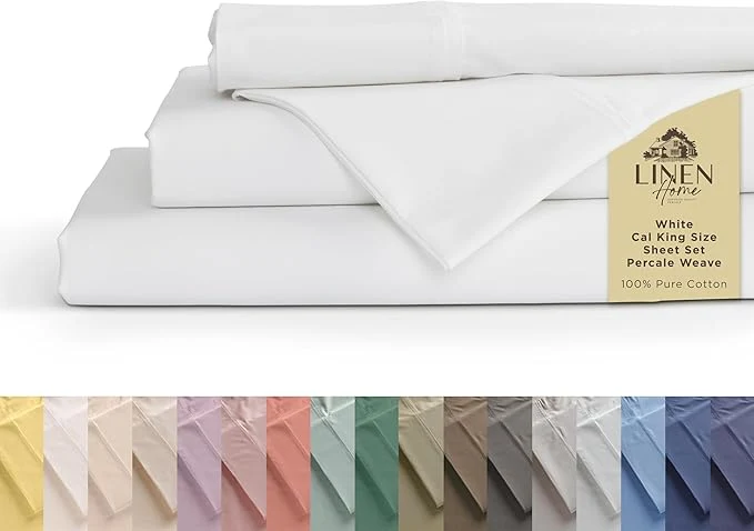 Crafted Linen Home Cotton Percale Sheets California King Size White Deep Pocket 4 Pieces Set - 1 Flat 1 Deep Pocket Fitted Sheet and 2 Pillowcases Crisp Cool and Strong Bed Linen Superior