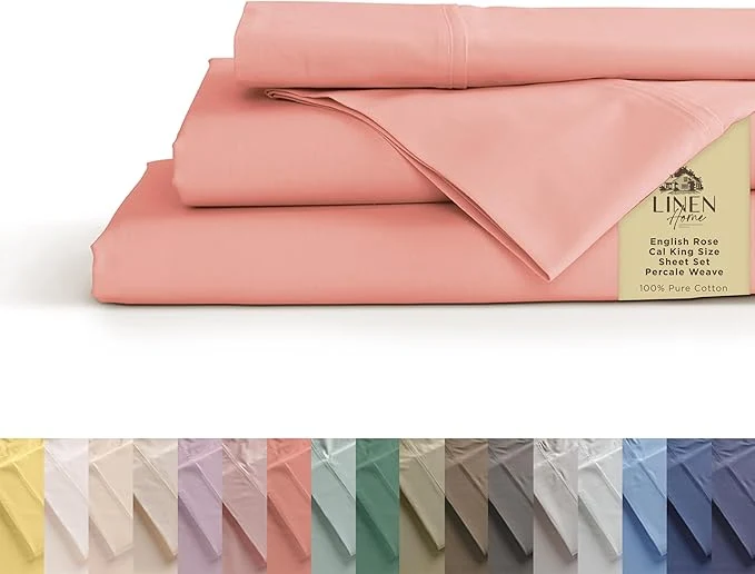 Genuine Linen Home Cotton Percale Sheets California King Size English Rose Deep Pocket 4 Pieces Set - 1 Flat 1 Deep Pocket Fitted Sheet and 2 Pillowcases Crisp Cool and Strong Bed Linen High-Performance