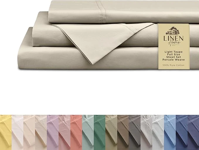 Safe Linen Home Cotton Percale Sheets Full Size Light Taupe Deep Pocket 4 Pieces Set - 1 Flat 1 Deep Pocket Fitted Sheet and 2 Pillowcases Crisp Cool and Strong Bed Linen Refined