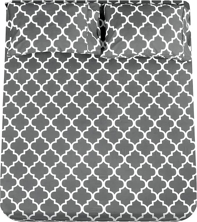Efficient Mejoroom Full Bed Sheet Set - Super Soft Brushed Microfiber 1800 Thread Count Sheets with 16 inch Deep Pocket - Wrinkle - 4 Piece Full Gray Quatrefoil with White Pattern Fine Crafted