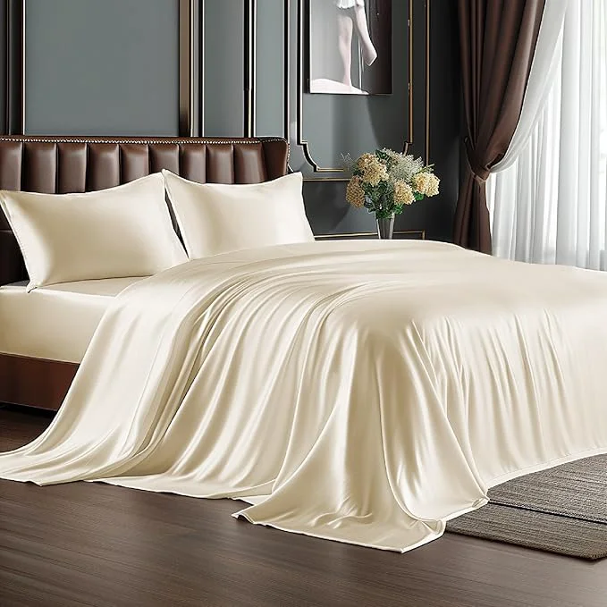 Recyclable BEDELITE Satin Sheets Queen Size Bed Set Luxury Soft Beige Silky Sheets for Hair and Skin Similar to Silk Bed Sheets Set 4 Pieces （1 Deep Pocket Fitted Sheet 1 Flat Sheet and 2 Pillowcases） Convenient