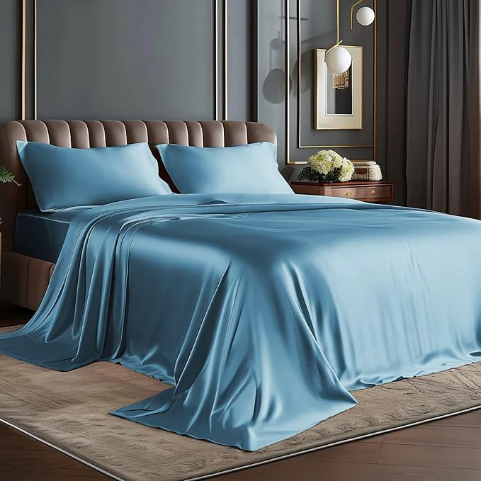 Official BEDELITE Satin Sheets Twin Size Bed Set Luxury Soft Airy Blue Silky Sheets for Hair and Skin Similar to Silk Bed Sheets Set 3 Pieces with 1 Deep Pocket Fitted Sheet 1 Flat Sheet and 1 Pillowcase High-Performance