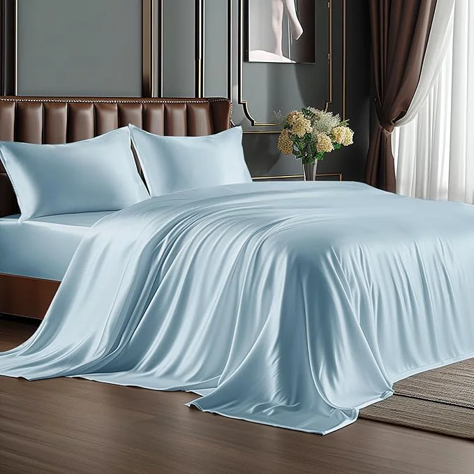 Comfortable BEDELITE Satin Sheets Twin Size Bed Set Luxury Soft Light Blue Silky Sheets for Hair and Skin Similar to Silk Bed Sheets Set 3 Pieces with 1 Deep Pocket Fitted Sheet 1 Flat Sheet and 1 Pillowcase Excellent