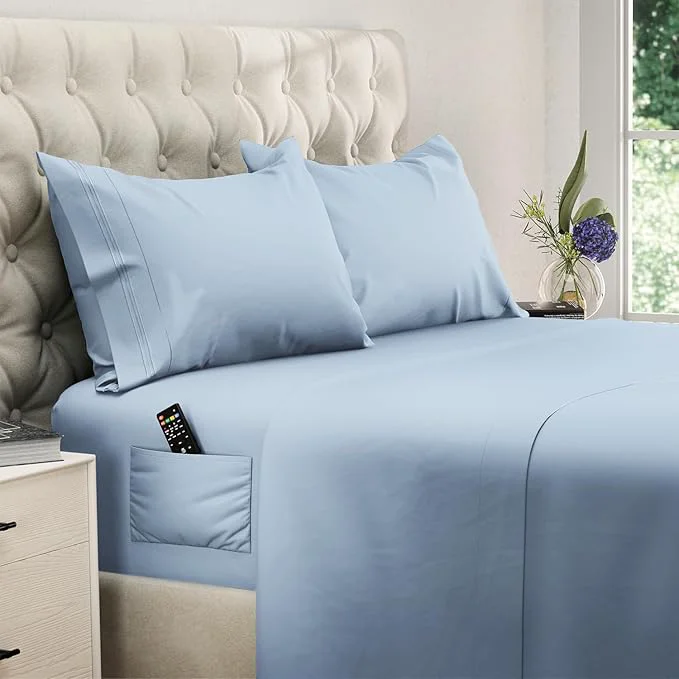 Efficient DREAMCARE Sheet Set - 4pcs Cooling Microfiber Deep Pocket King Hotel Luxury Soft Fine Microfiber with Side Pocket - Light Blue Sophisticated