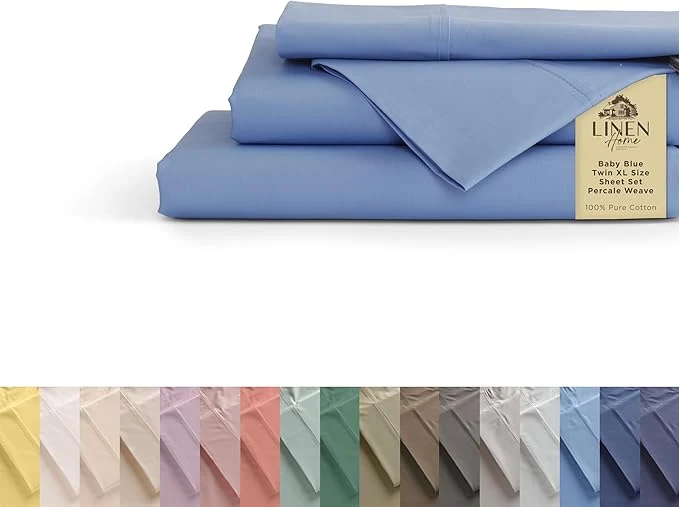 Next-Generation Linen Home Cotton Percale Sheets Twin XL Size Baby Blue Deep Pocket 3 Pieces Set - 1 Flat 1 Deep Pocket Fitted Sheet and 1 Pillowcase Crisp Cool and Strong Bed Linen Soft