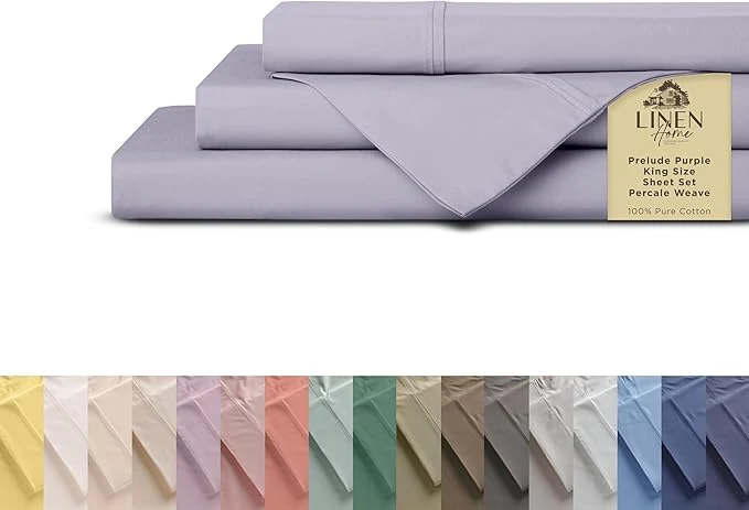 Selected Linen Home Cotton Percale Sheets King Size Prelude Purple Deep Pocket 4 Pieces Set - 1 Flat 1 Deep Pocket Fitted Sheet and 2 Pillowcases Crisp Cool and Strong Bed Linen Luxury