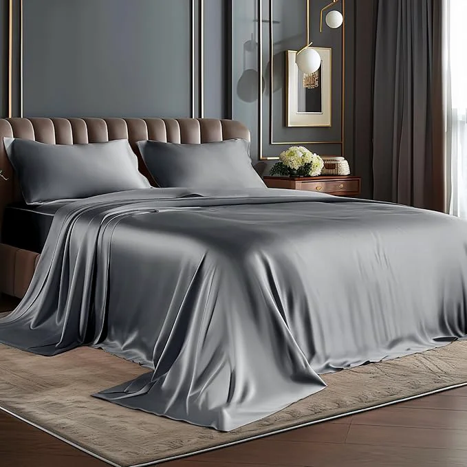 Fashionable BEDELITE Satin Sheets Twin XL Size Bed Set Luxury Soft Dark Grey Silky Sheet for Hair and Skin Similar to Silk Bed Sheets Set 3 Pieces with 1 Deep Pocket Fitted Sheet 1 Flat Sheet and 1 Pillowcase Relaxed