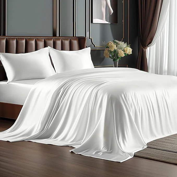 Durable BEDELITE Satin Sheets Twin Size Bed Set Luxury Soft White Silky Sheets for Hair and Skin Similar to Silk Bed Sheets Set 3 Pieces with 1 Deep Pocket Fitted Sheet 1 Flat Sheet and 1 Pillowcase Clean