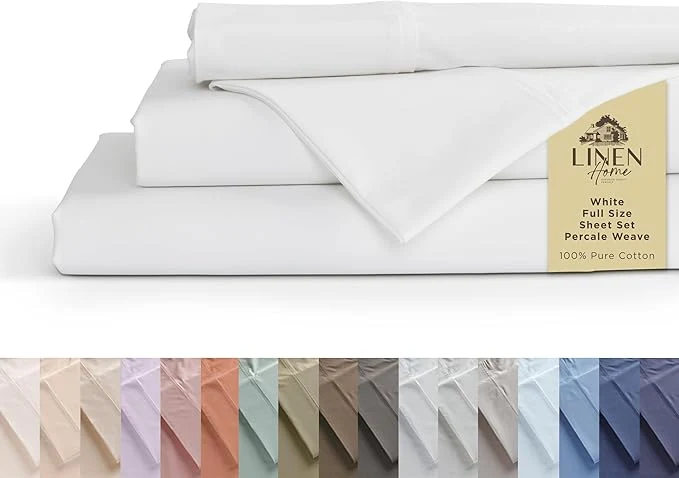Verified Linen Home Cotton Percale Sheets Full Size White Deep Pocket 4 Pieces Set - 1 Flat 1 Deep Pocket Fitted Sheet and 2 Pillowcases Crisp Cool and Strong Bed Linen Practical
