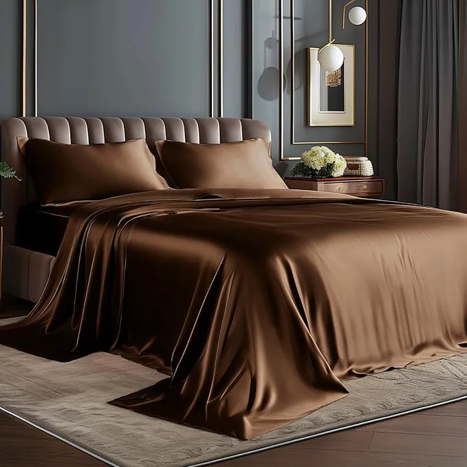 Relaxed BEDELITE Satin Sheets Queen Size Bed Set Luxury Soft Brown Silky Sheets for Hair and Skin Similar to Silk Bed Sheets Set 4 Pieces with 1 Deep Pocket Fitted Sheet 1 Flat Sheet and 2 Pillowcases Crafted