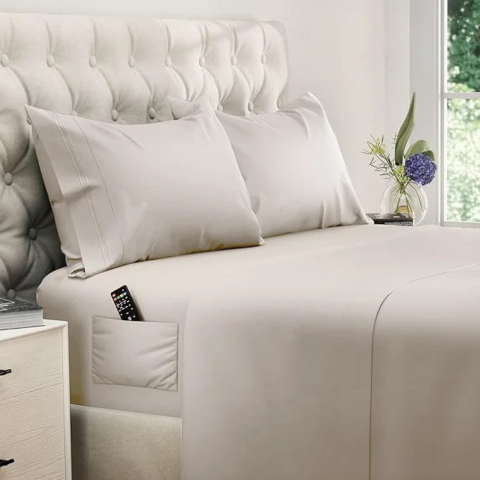 Contemporary DREAMCARE King Size Sheets Set - Cooling Bed Sheets - 4pcs Set - up to 15 quot Deep Pocket King Sheet Set – Soft amp Long Lasting Cooling - Fine Brushed Microfiber with Side Pocket - Beige Organic