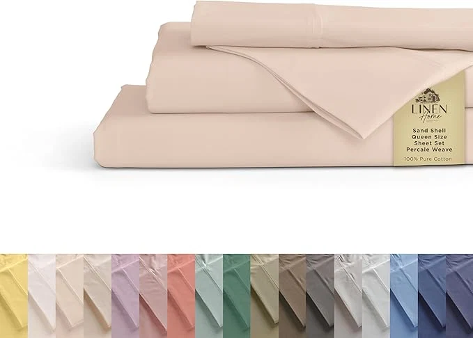 Luxury Linen Home Cotton Percale Sheets King Size Sand Shell Deep Pocket 4 Pieces Set - 1 Flat 1 Deep Pocket Fitted Sheet and 2 Pillowcases Crisp Cool and Strong Bed Linen User-Friendly