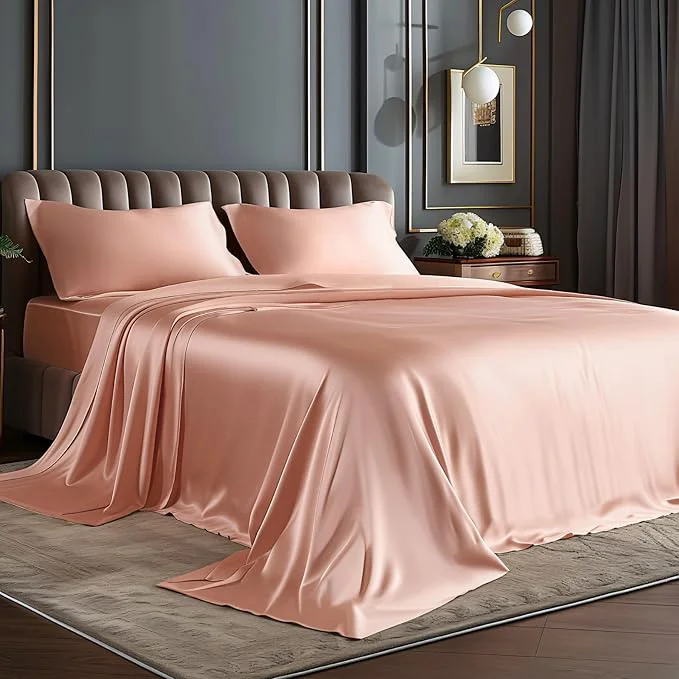 Minimalist BEDELITE Satin Sheets Queen Size Bed Set Luxury Soft Coral Pink Silky Sheets for Hair and Skin Similar to Silk Bed Sheet Set 4 Pieces with 1 Deep Pocket Fitted Sheet 1 Flat Sheet and 2 Pillowcases User-Friendly