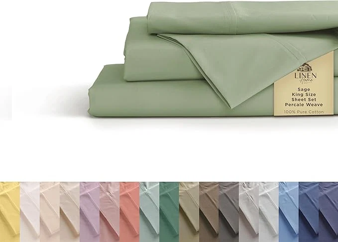 Official Linen Home Cotton Percale Sheets King Size Sage Deep Pocket 4 Pieces Set - 1 Flat 1 Deep Pocket Fitted Sheet and 2 Pillowcases Crisp Cool and Strong Bed Linen Organic