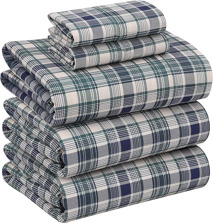 Natural RUVANTI Cotton Sheets – Split King Size Percale Bedding Cooling amp Breathable Floral Design Durable with a Crisp Soft amp Comfortable Feel 16 quot Deep Pocket 5-Piece Set Greenish Blue Plaid User-Friendly