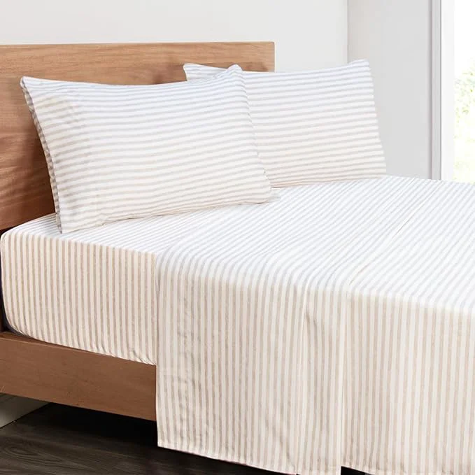 Premium Material Mejoroom Striped Full Size Sheets - 1800TC Luxury Full Sheets with 16 Inch Deep Pocket - Premium Bedding Collection - Extra Soft Breathable Wrinkle Fade amp Stain Resistant - 4 Piece Beige Stripe Natural