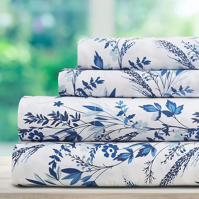 Genuine DREAMCARE Full Size Bed Sheets - Luxurious Floral Full Sheet Set - 4 Pc Ultra Soft Breathable Wrinkle Brushed Microfiber Floral Blue Secure