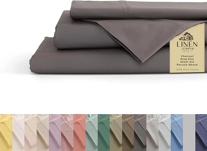 Efficient Linen Home Cotton Percale Sheets King Size Charcoal Deep Pocket 4 Pieces Set - 1 Flat 1 Deep Pocket Fitted Sheet and 2 Pillowcases Crisp Cool and Strong Bed Linen Outstanding