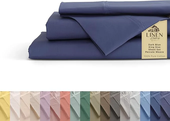 Efficient Linen Home Cotton Percale Sheets King Size Dark Blue Deep Pocket 4 Pieces Set - 1 Flat 1 Deep Pocket Fitted Sheet and 2 Pillowcases Crisp Cool and Strong Bed Linen Outstanding