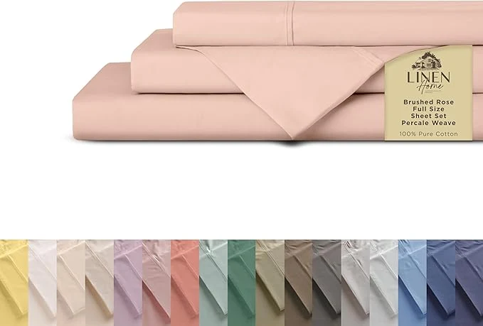 Official Linen Home Cotton Percale Sheets Full Size Brushed Rose Deep Pocket 4 Pieces Set - 1 Flat 1 Deep Pocket Fitted Sheet and 2 Pillowcases Crisp Cool and Strong Bed Linen Natural