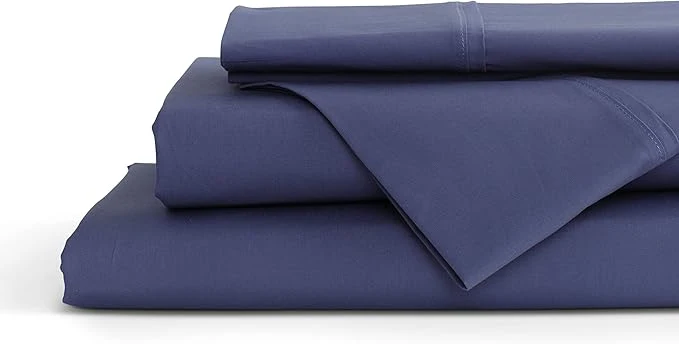 User-Friendly Linen Home Cotton Percale Sheet Set Twin Size Dark Blue Deep Pocket 4 Pieces Set - 1 Flat 1 Deep Pocket Fitted Sheet and 2 Pillowcases Crisp Cool and Strong Bed Linen Advanced