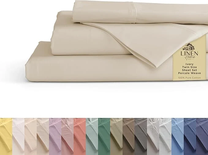 Solid Linen Home Cotton Percale Sheets Twin Size Ivory Deep Pocket 3 Pieces Set - 1 Flat 1 Deep Pocket Fitted Sheet and 1 Pillowcase Crisp Cool and Strong Bed Linen Classic
