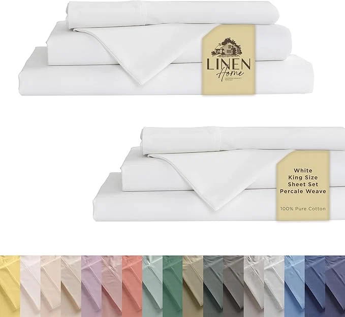 First-Class Linen Home Cotton Percale Sheet Set Pack of 2 King Size White Deep Pocket 8 Pieces Set - 2 Flat 2 Deep Pocket Fitted Sheet and 4 Pillowcases Crisp Cool and Strong Bed Linen Modern