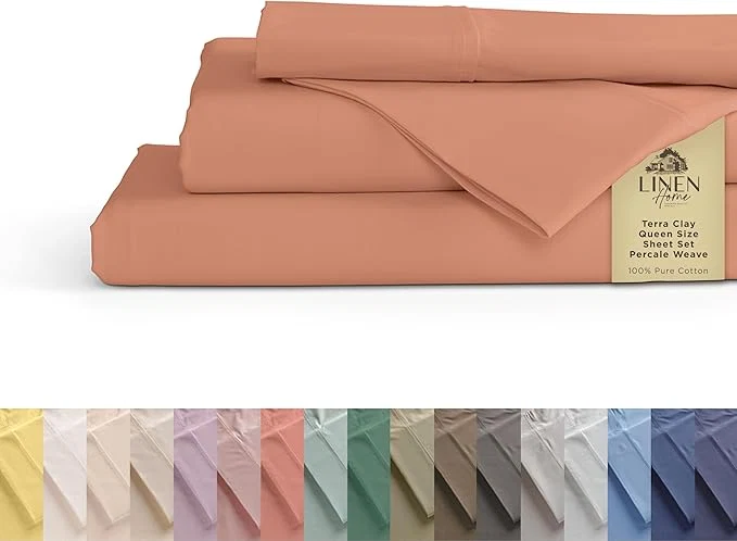 Proven Linen Home Cotton Percale Sheets Queen Size Tera Clay Deep Pocket 4 Pieces Set - 1 Flat 1 Deep Pocket Fitted Sheet and 2 Pillowcases Crisp Cool and Strong Bed Linen Breathable