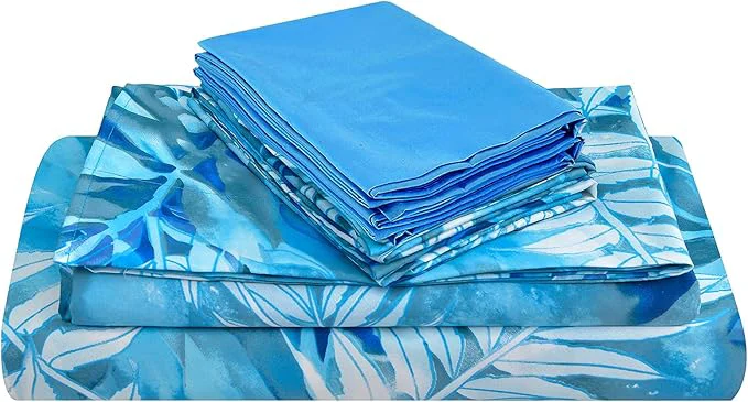 Detailed JSD Blue Tropical Leaves Print Sheet Set King Size 6 Piece Soft Pattern Microfiber Bed Sheets Extra Deep Pocket Long-Lasting