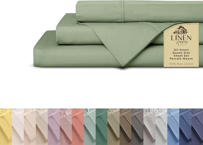 User-Friendly Linen Home Cotton Percale Sheets Queen Size Oil Green Deep Pocket 4 Pieces Set - 1 Flat 1 Deep Pocket Fitted Sheet and 2 Pillowcases Crisp Cool and Strong Bed Linen Stylish