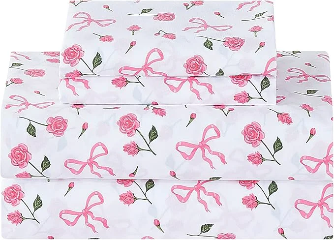 Convenient Softan Pink Floral King Bed Sheets Cozy Microfiber Flower Printed Sheets with 15 quot Deep Pocket Fitted Sheet amp Non-Slip Straps Patterned Pink Rose - Bow Sheets amp Pillowcase Set Fine Crafted