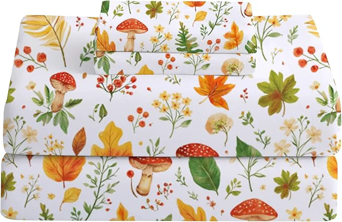 Safe Softan Orange Floral Queen Size Sheet Set Printed Microfiber Fitted Sheet with 15 quot Deep Pockets amp Non-Slip Straps Maple Leaves amp Mushroom Patterned Bedding Sheets amp Pillowcase Set Refined