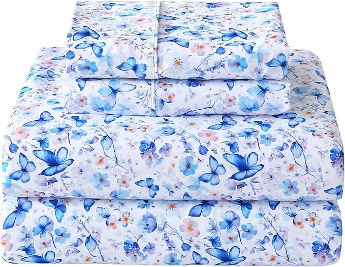 Durable Softan Queen Floral Sheets Microfiber Blue Flower Printed Fitted Sheets with Non-Slip Corner Straps and 15 quot Deep Pocket Butterfly Patterned Cozy Bed Sheets amp Pillowcase Sets Easy-to-Use