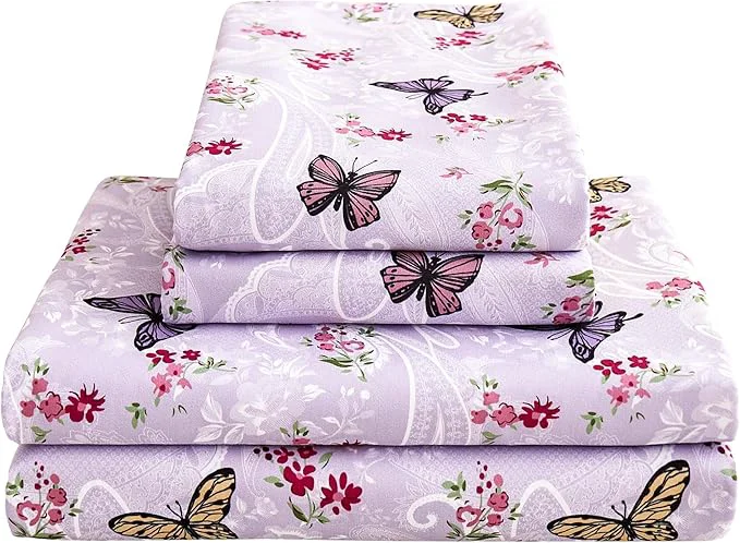 Detailed Softan Floral King Bed Sheets Purple Paisley Flower Printed Sheet Set - Brushed Microfiber King Fitted Sheet with 15 quot Deep Pocket and Corner Straps Butterfly Patterned Sheet amp Pillowcase Sets Dependable